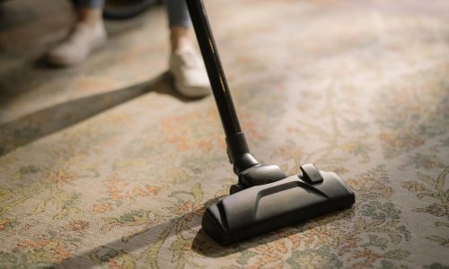 black-vacuum-cleaner-on-brown-and-white-area-rug-4107284